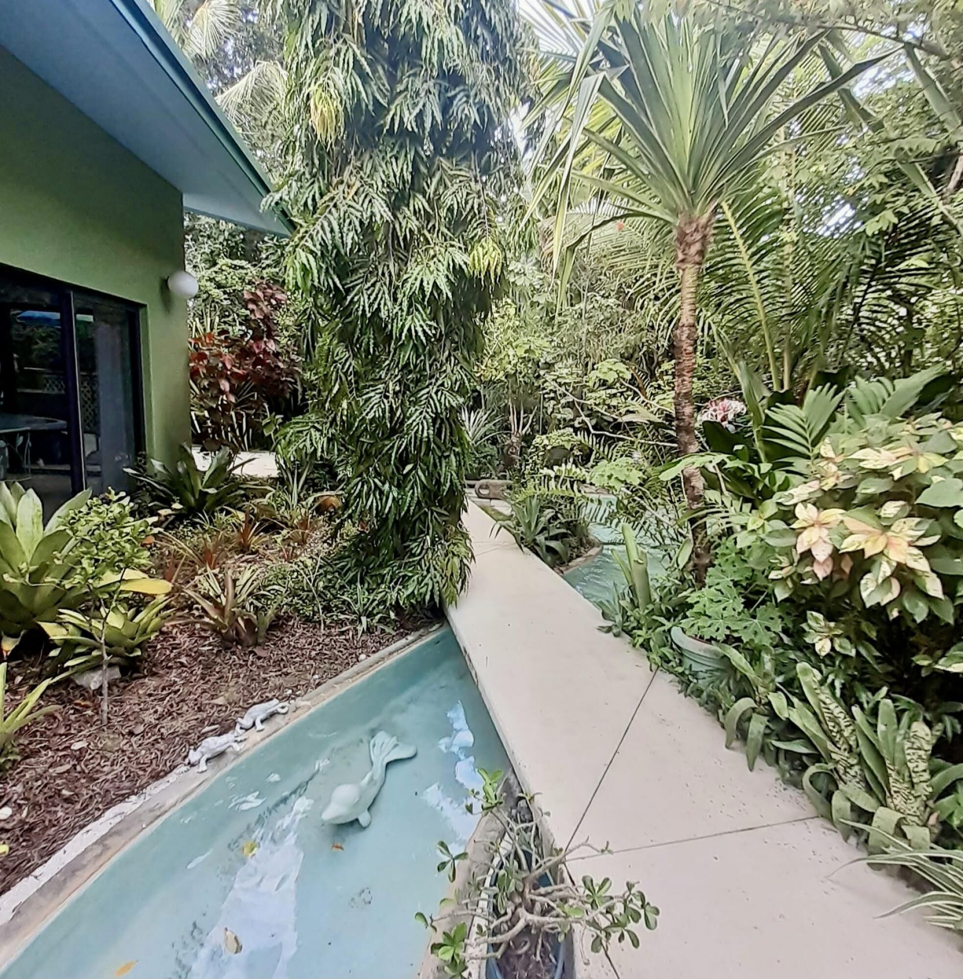 Un exuberante jardín con diversas plantas y un pequeño elemento acuático.