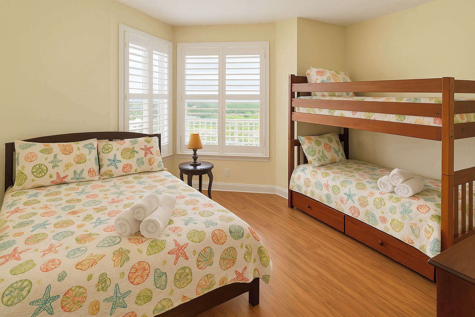 A bedroom with two beds, one with a bunk bed, and a small table with a lamp.