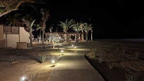 A well-lit outdoor pathway leading to a building with a covered patio area, surrounded by palm trees and illuminated by ground lights.