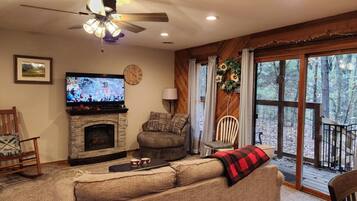 Smart TV, fireplace, video games, DVD player