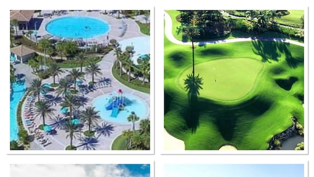 Un complexe hôtelier doté d’une grande piscine, d’un parcours de golf, d’un court de tennis et offrant une vue sur un quartier résidentiel.