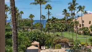 Un resort con piscina, palmeras y vista al océano.