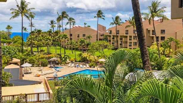Un resort con piscina, palmeras y vista al océano.