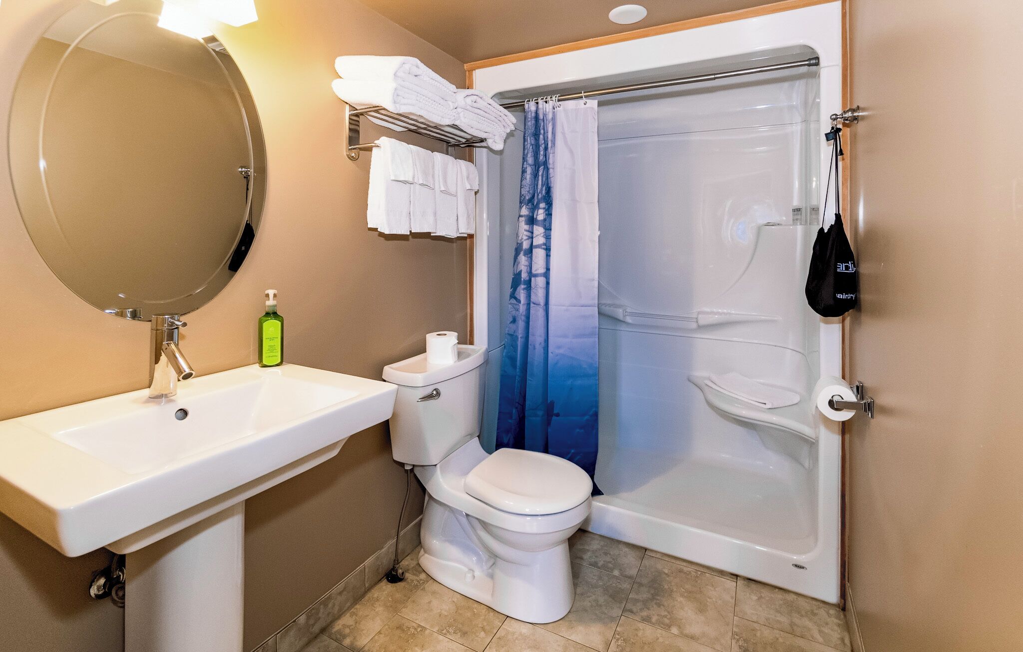 Un baño con lavabo, inodoro y ducha.