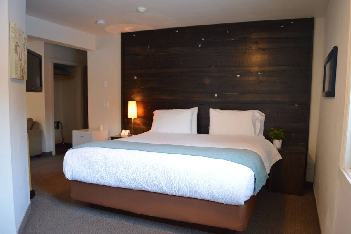 A hotel room with a large bed, a nightstand, a lamp, and a small potted plant.
