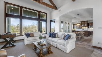 TV, fireplace, foosball, books