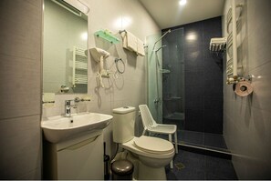 Combined shower/tub, hair dryer, towels, toilet paper