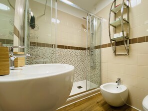 Shower, hair dryer, bidet, towels