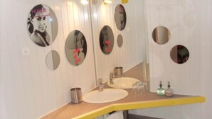 A bathroom with a vanity, a sink, and multiple mirrors. - Artists Room - Up to 3 people (no pets) (Messey-sur-Grosne)