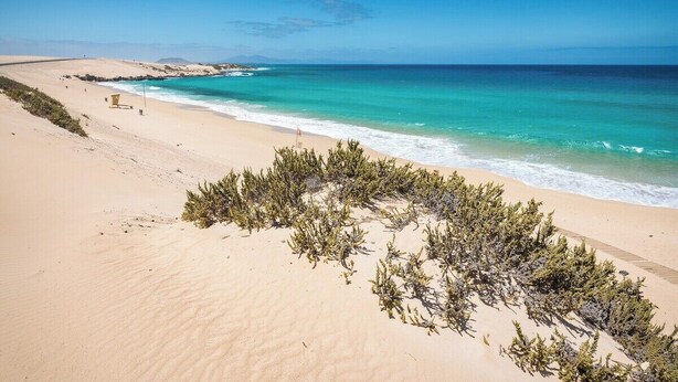 Een strand met helder turquoise water, zandduinen en schaarse begroeiing.