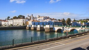 A riverside view of a town with historic buildings, a bridge, and a water tower. - Apartment with River View, Tavira (Tavira)