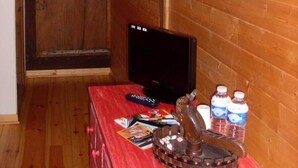 Een houten interieur met een houten tafel, een zwarte televisie en een rode wandversiering.