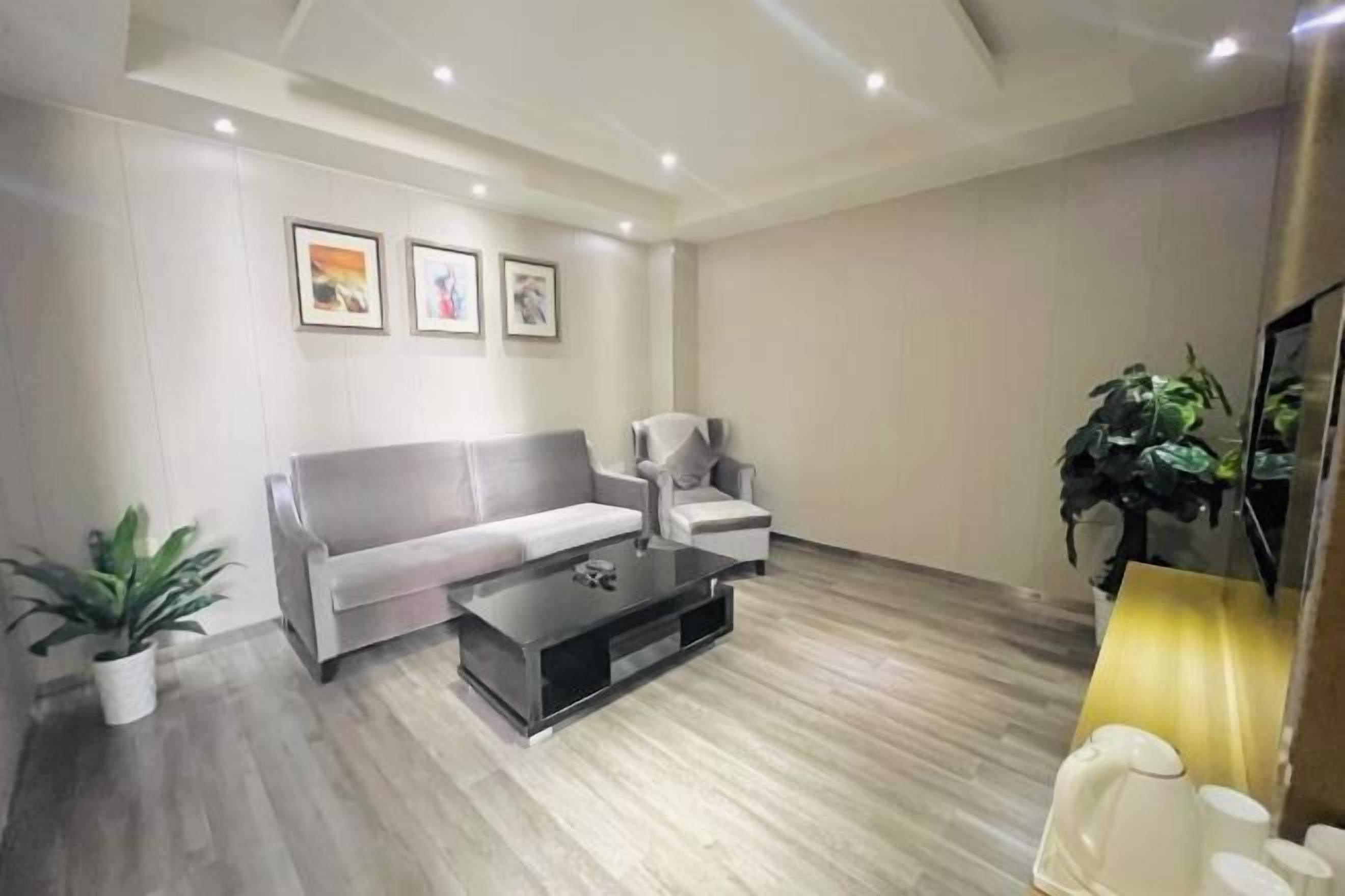 A modern living room with a grey sofa, a white armchair, a black coffee table, and a potted plant.