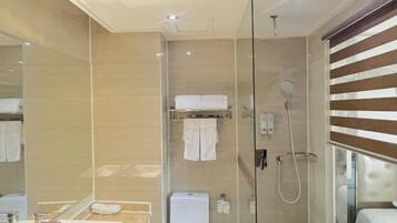 A modern bathroom with a glass shower enclosure, a toilet, and a sink.
