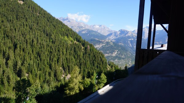 A mountain view from a window with a bed and a wooden structure.