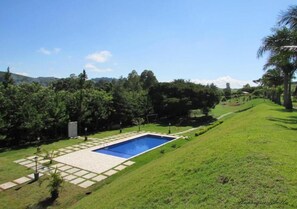 Outdoor pool, pool umbrellas, pool loungers