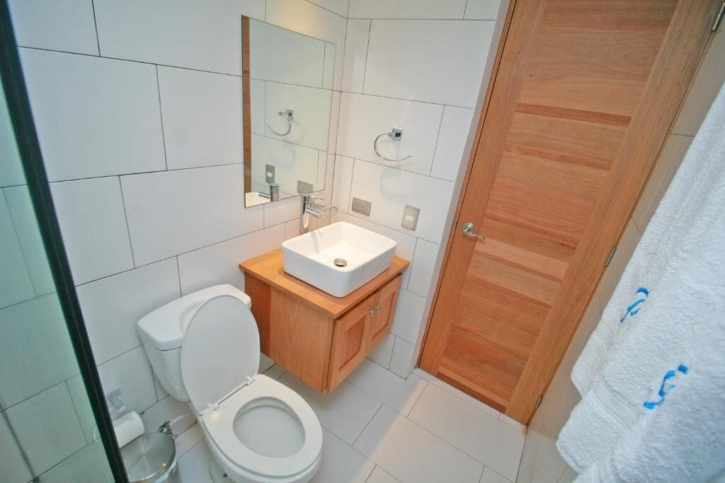 basic double room | bathroom | combined shower/bathtub, rainfall showerhead, hair dryer, towels