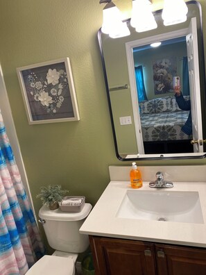 Bathtub, towels, soap, shampoo