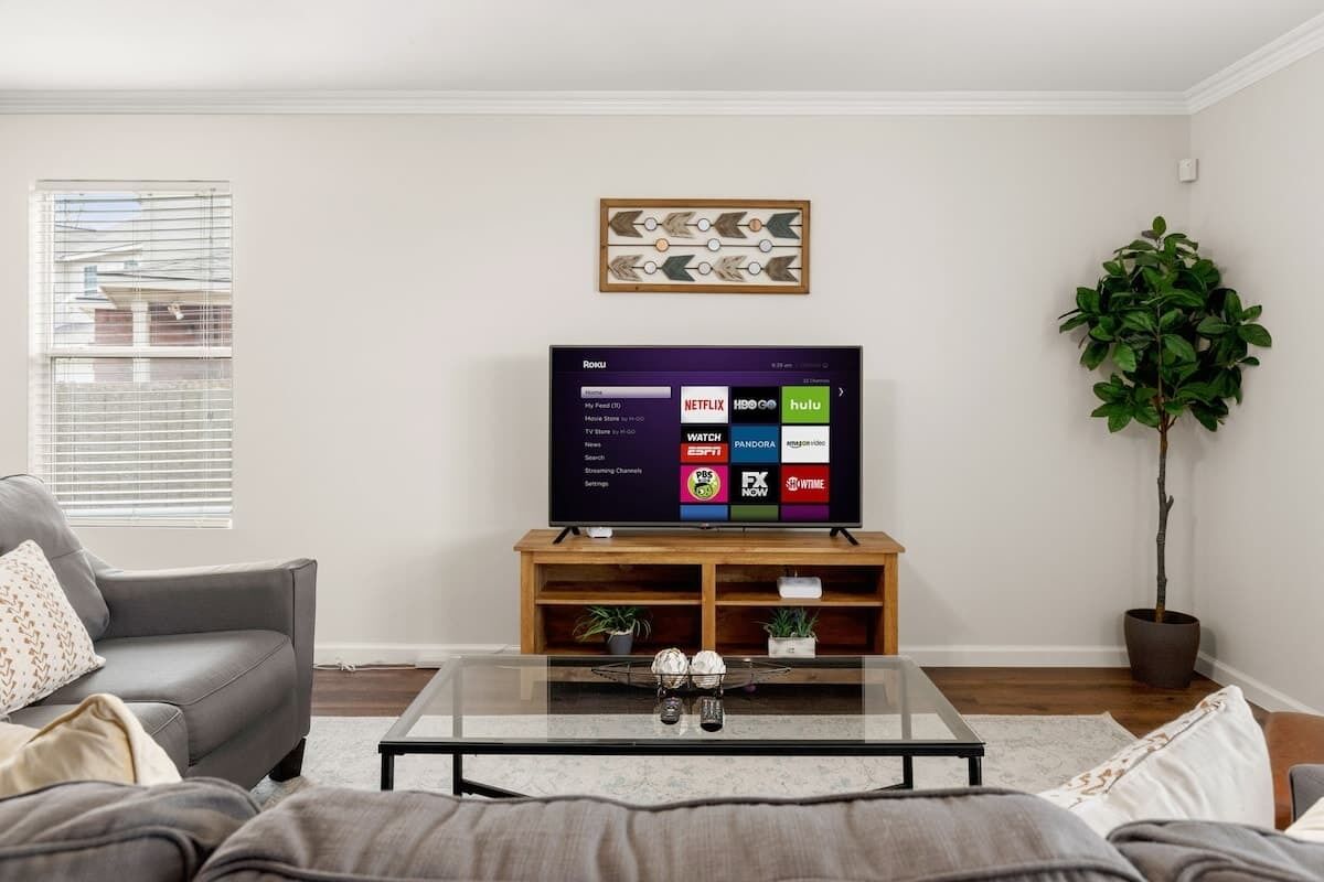 A living room with a flat-screen TV on a wooden stand, a grey sofa, a coffee table, and a potted plant.