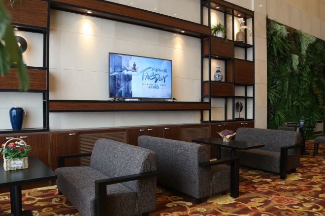 A lobby with seating, a television, and a wall decorated with plants and shelves.