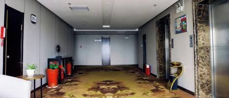 Un couloir d’hôtel avec un sol recouvert de moquette, un comptoir de réception, une plante et un ascenseur.