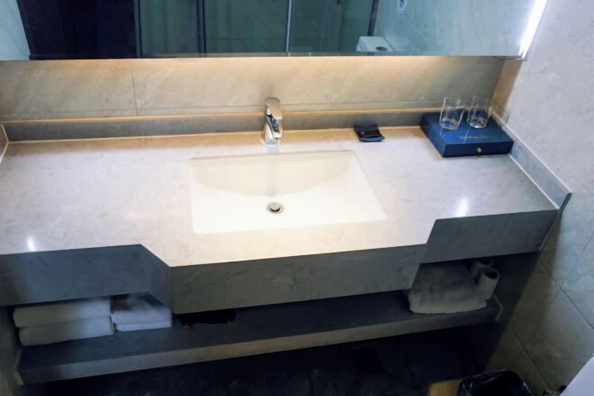 A modern bathroom with a large sink, a mirror, and a towel rack.