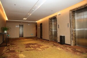 Vestíbulo de hotel con piso alfombrado, dos ascensores, un cesto de basura y una planta en maceta.