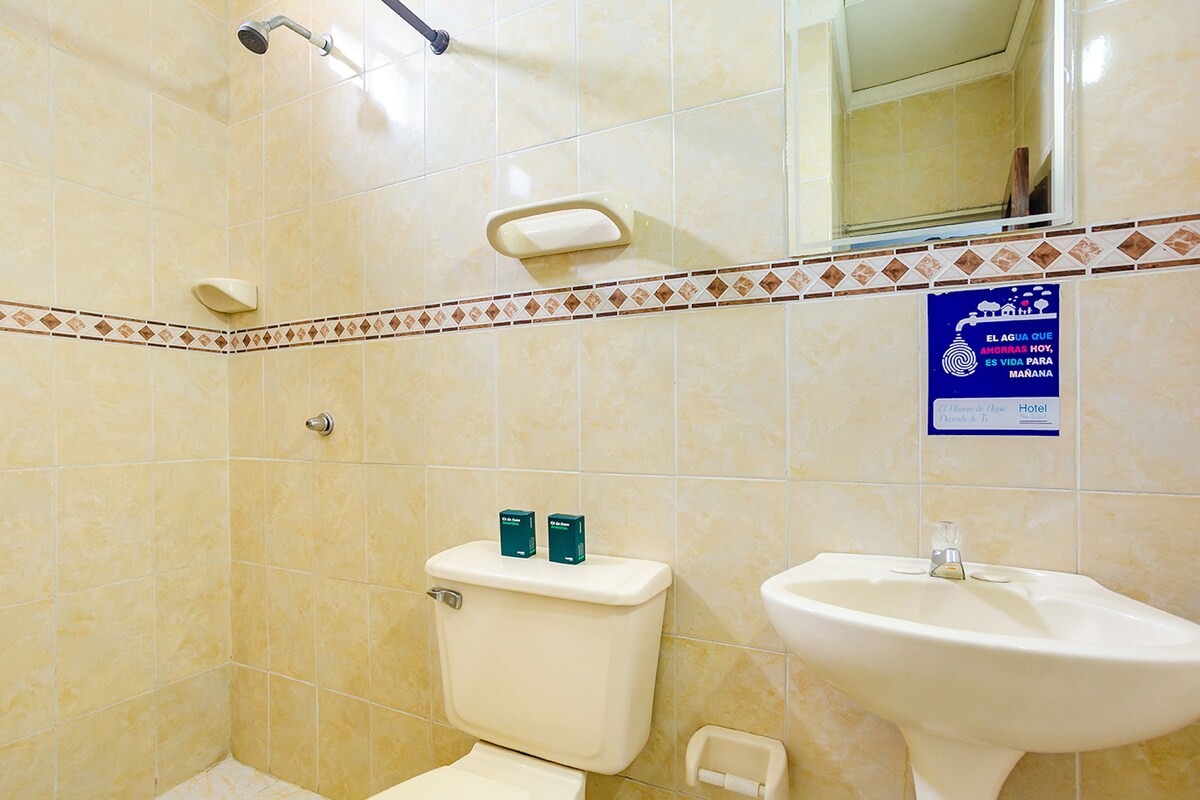 A bathroom with a toilet, bidet, sink, and a mirror.