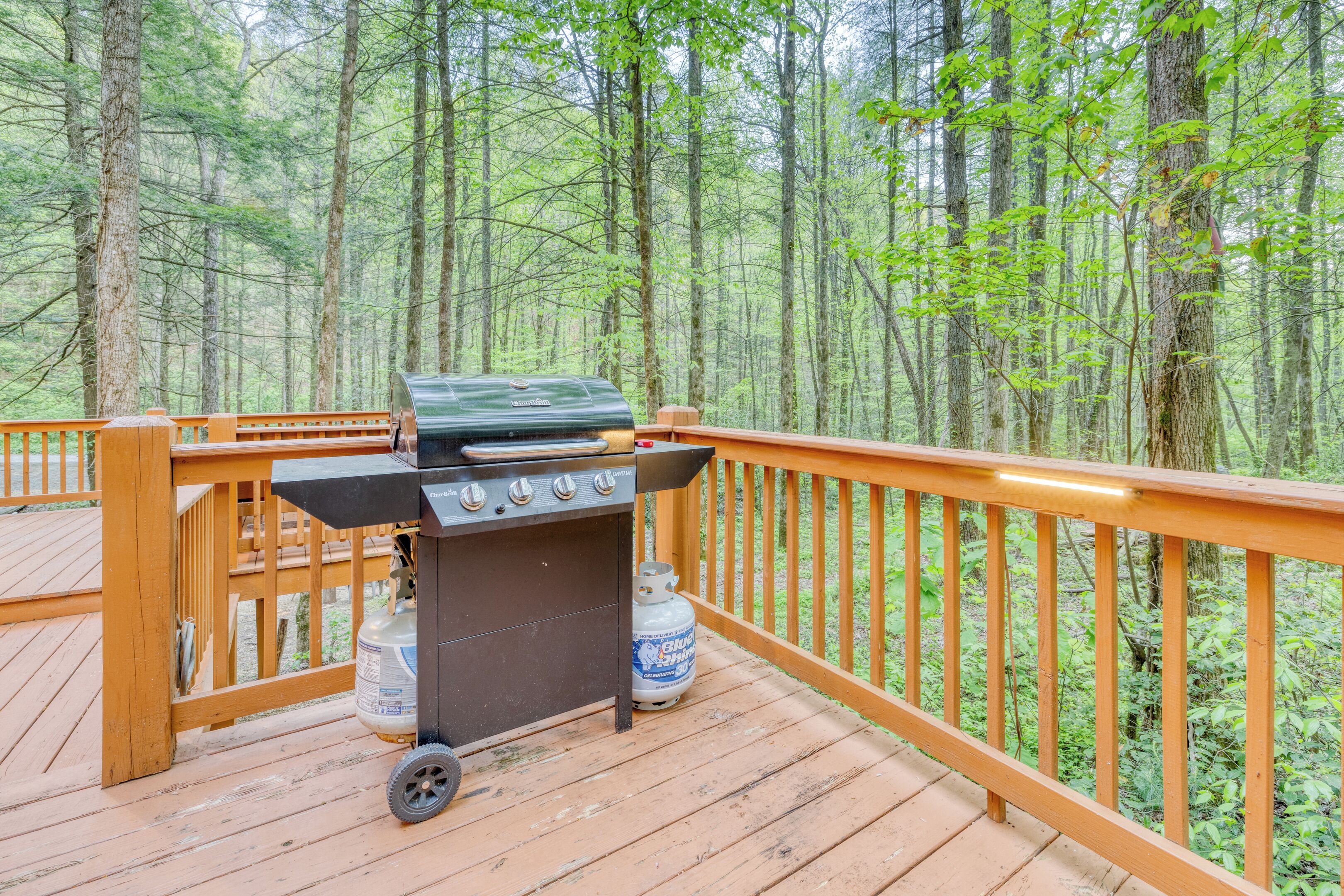 Una parrilla de barbacoa en una terraza de madera con barandilla, rodeada de un bosque.