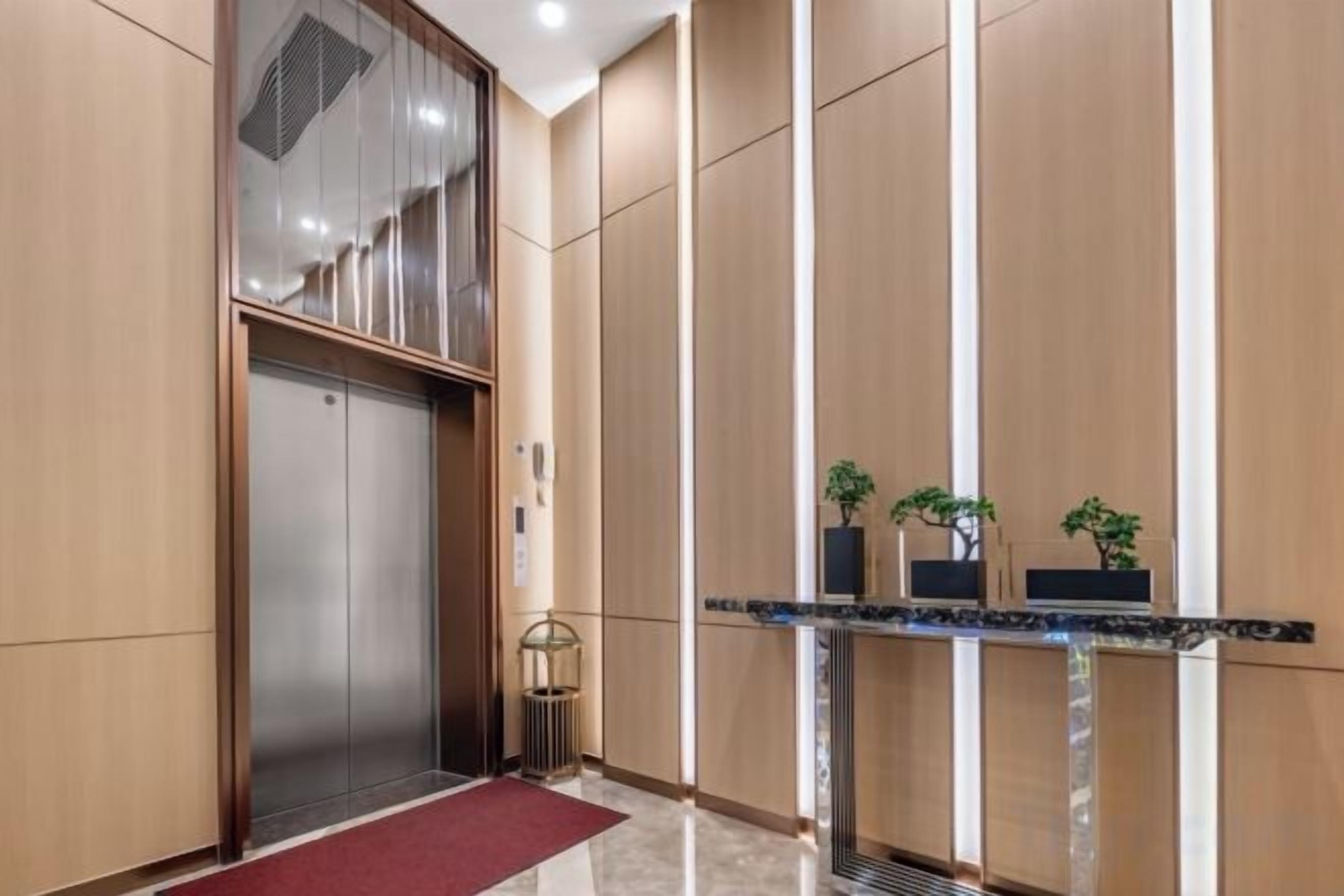 A modern elevator with a red carpet, a wall-mounted trash bin, and two potted plants on a console table.