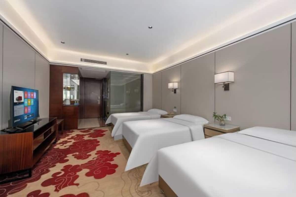Ein Hotelzimmer mit zwei Betten, einem Fernseher, einem Schreibtisch und einem roten, gemusterten Teppich.