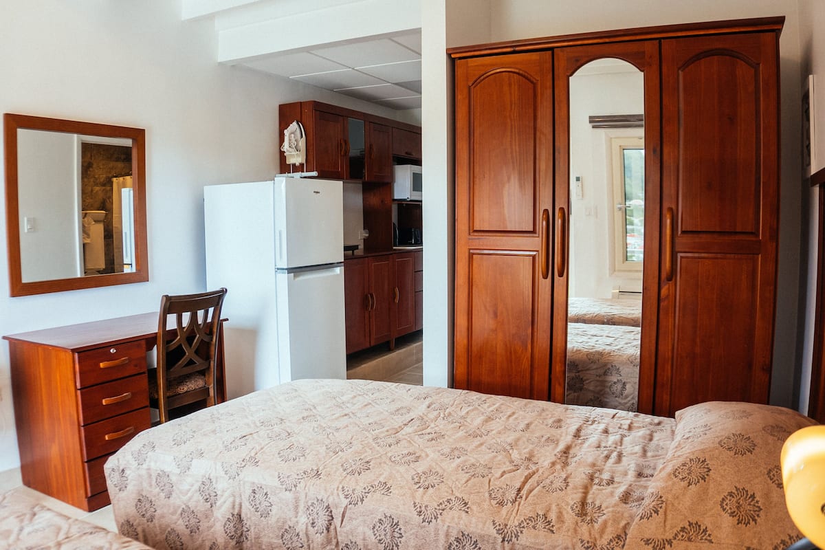 Un dormitorio con una cama, un armario de madera, un escritorio y un espejo.