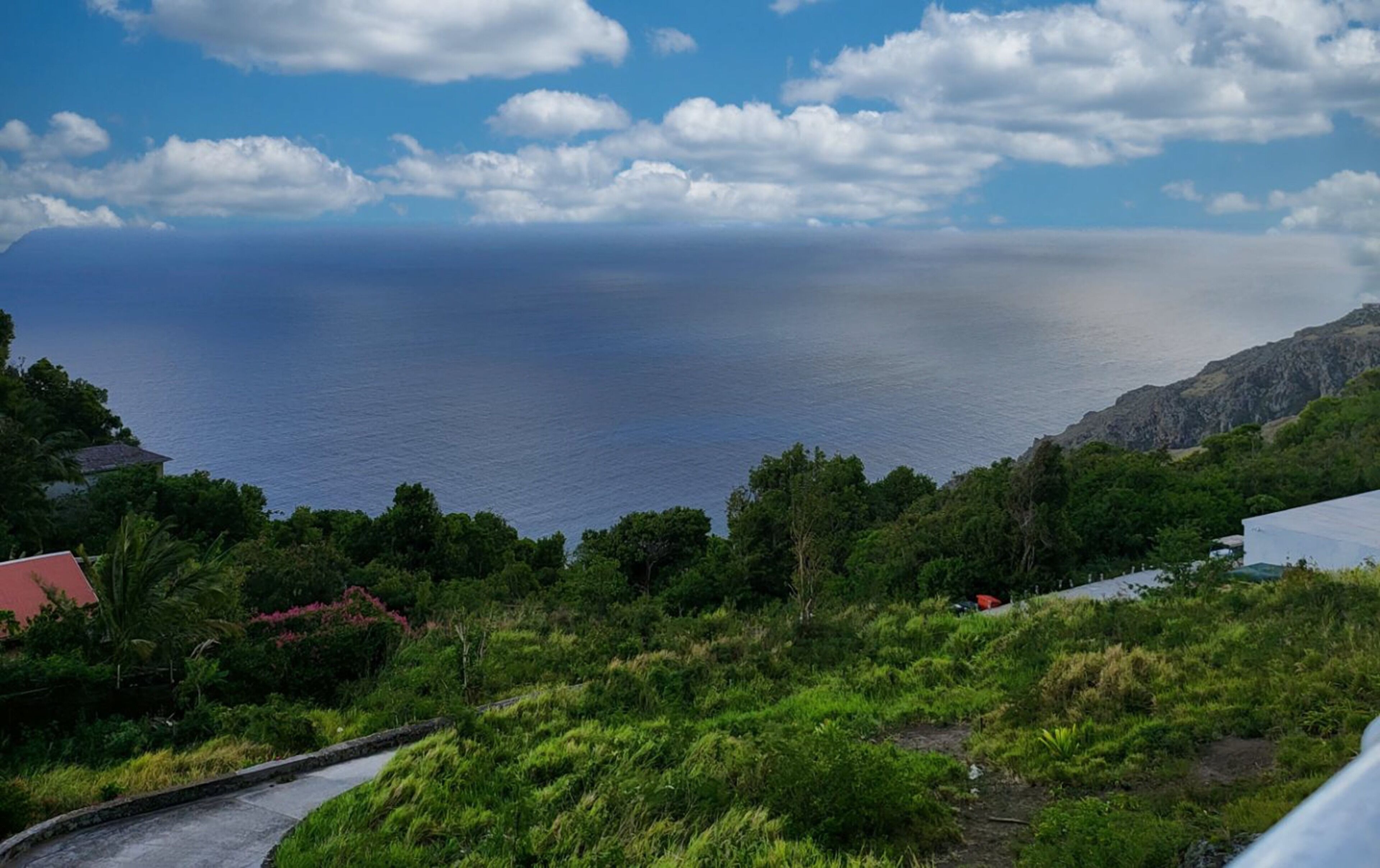 Eine Küstenlandschaft mit Blick auf das Meer, viel Grün und einigen Gebäuden.