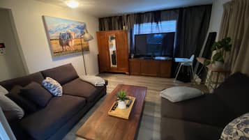 Smart-tv, pejs, bordtennisbord, stereoanlæg