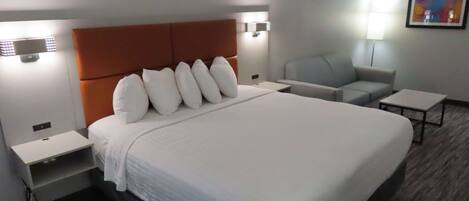 Premium bedding, down comforters, desk, laptop workspace