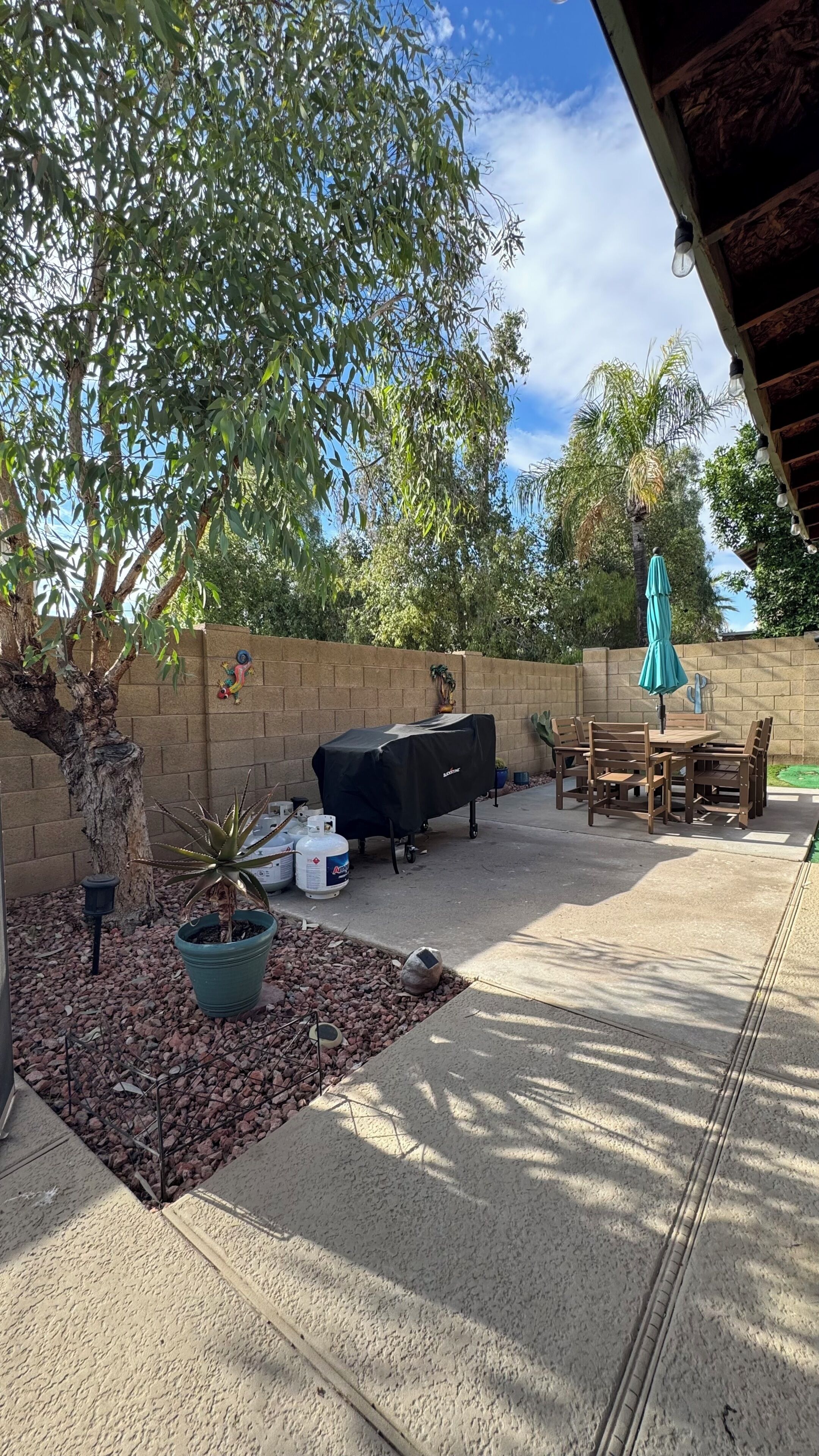 An outdoor patio with a barbecue grill, seating area, and potted plants.