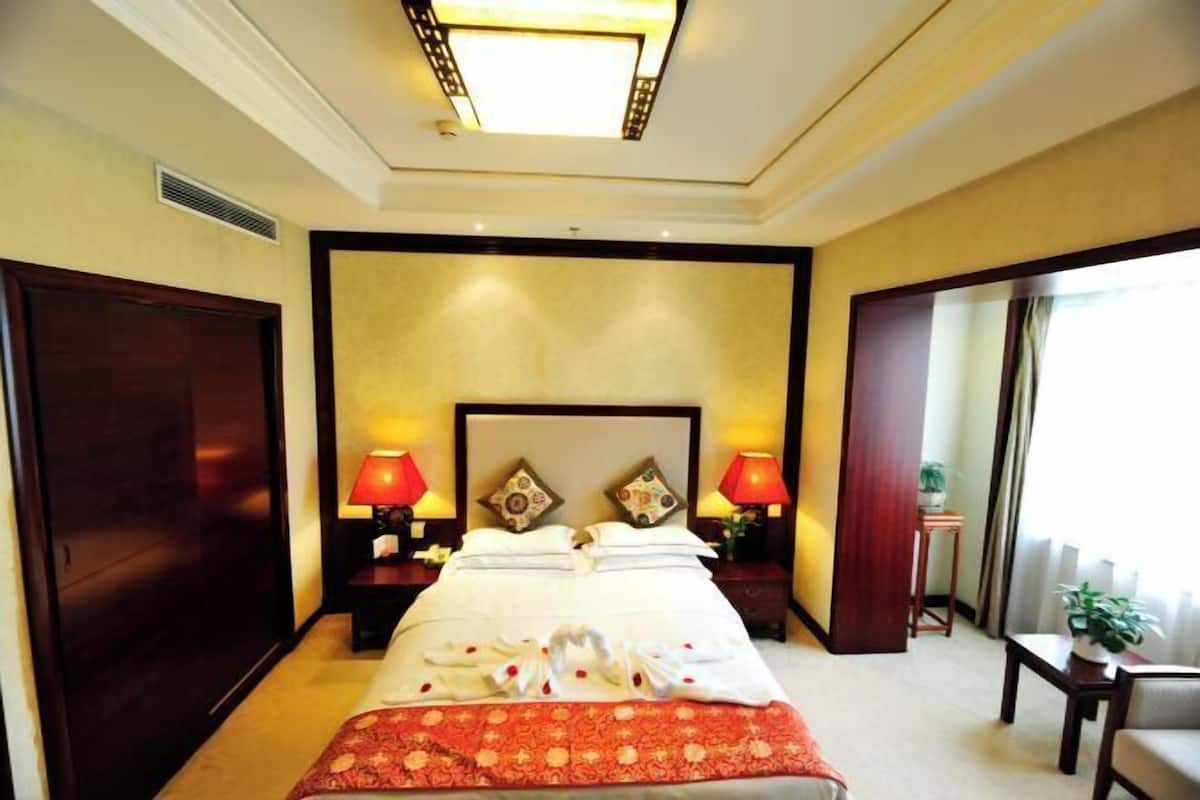 A hotel room with a large bed, two bedside tables with lamps, a headboard with decorative elements, a wardrobe, and a view of the outside.