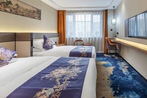 A hotel room with two beds, a desk, a chair, a TV, and a large window with curtains. - Beijing Post & Telecom Conference Centre (Beijing)