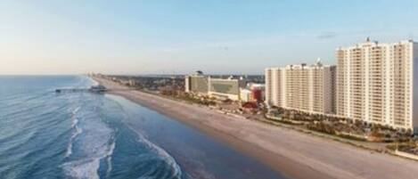 On the beach, sun-loungers, beach towels