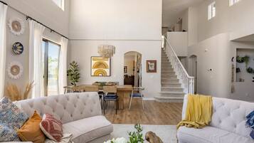 Smart TV, fireplace, table tennis, books