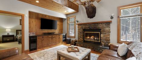 TV connectée, cheminée, jeux vidéo, livres