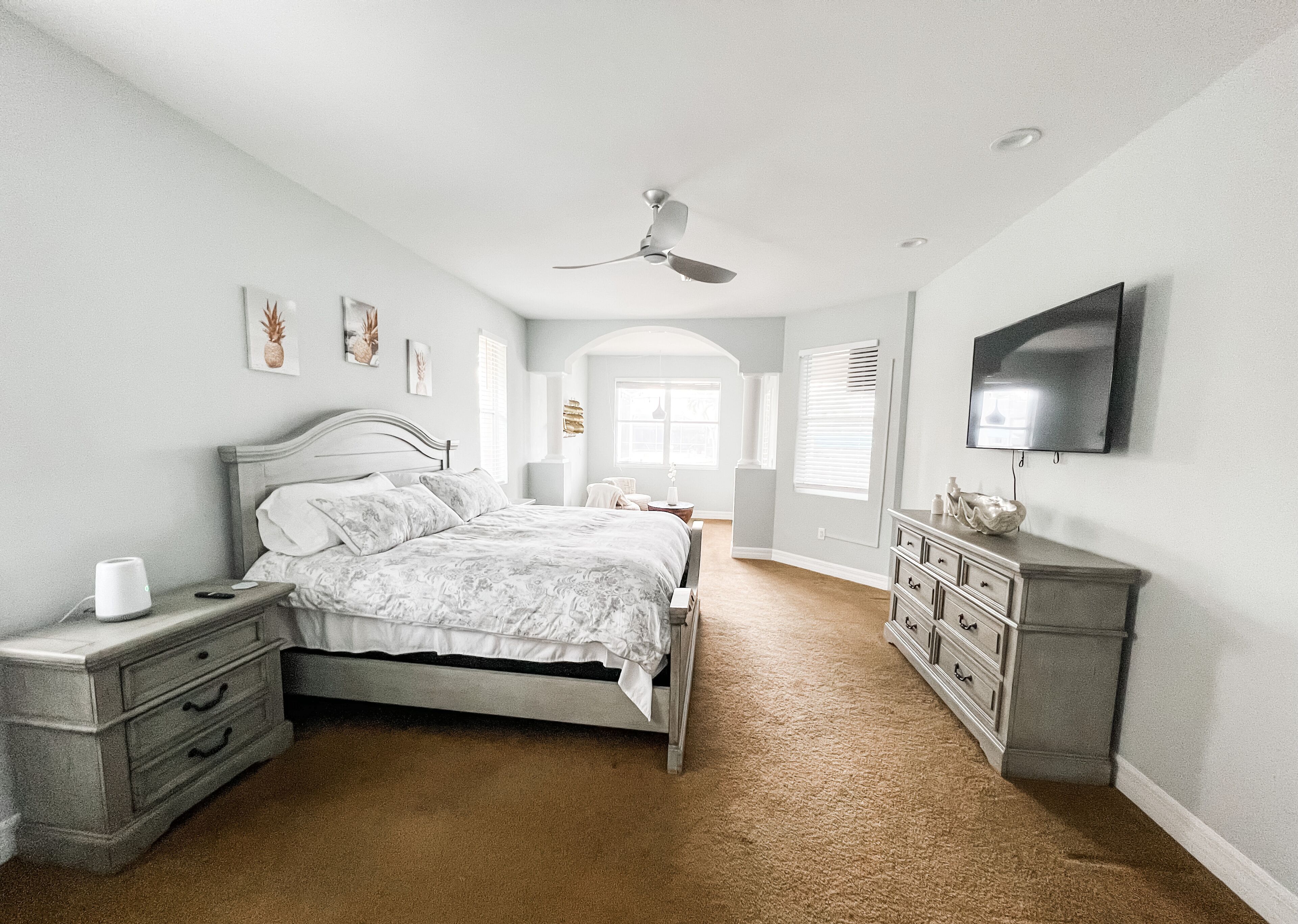 A bedroom with a bed, dresser, TV, and ceiling fan.