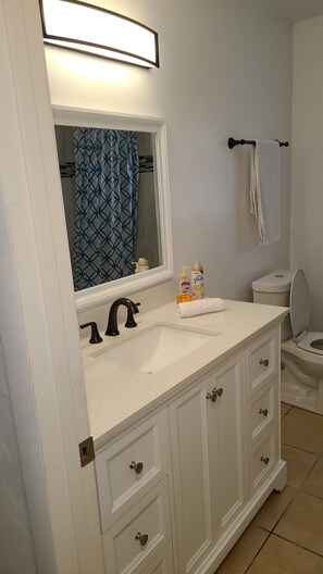 Kombination af bruser/badekar, håndklæder, Sæbe, Toiletpapir