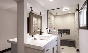 Bathtub, hair dryer, towels, soap