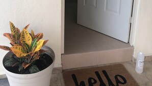 A white potted plant with yellow and green leaves, a white door, and a brown doormat with the word "hello" on it.