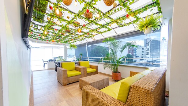 A modern lounge area with wicker furniture, potted plants, and a view of the cityscape through large windows.