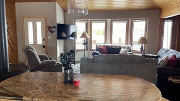 Smart TV, fireplace, books