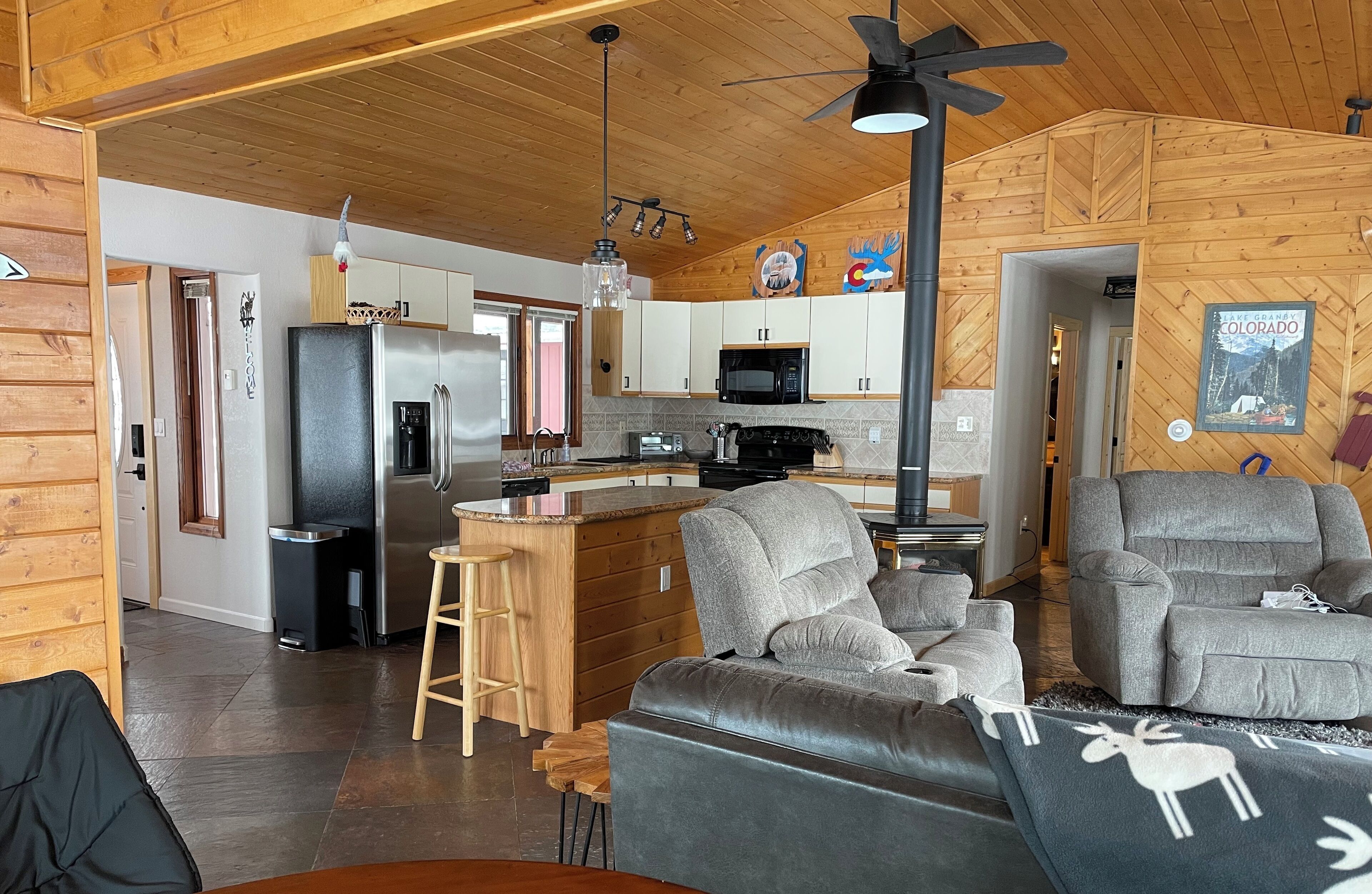 Smart TV, fireplace, books