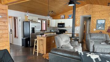 Smart TV, fireplace, books