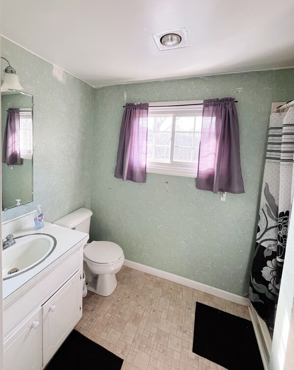 A bathroom with a toilet, sink, and mirror. There are two windows with purple curtains. - The River House: stone section built in 1790, borders the scenic Juniata River! (Mifflintown)